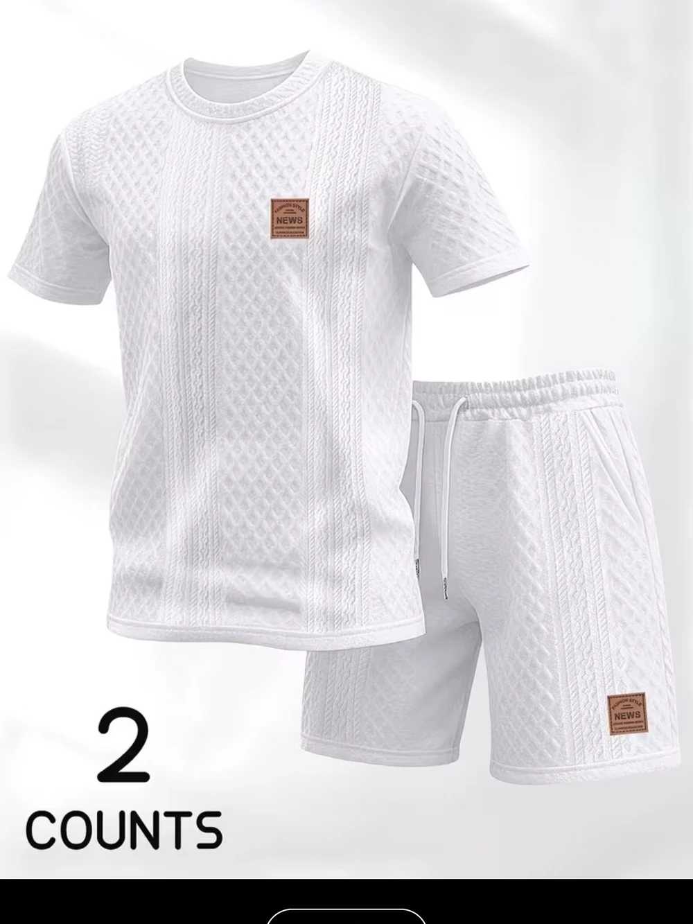 Men's White Knit-Texture Tee & Drawstring Shorts Set